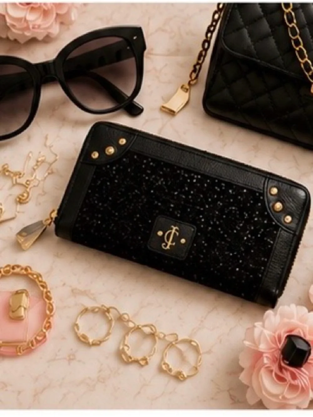 Juicy Couture Black Sequin Continental Zip Around Wallet Pink Interior NWT